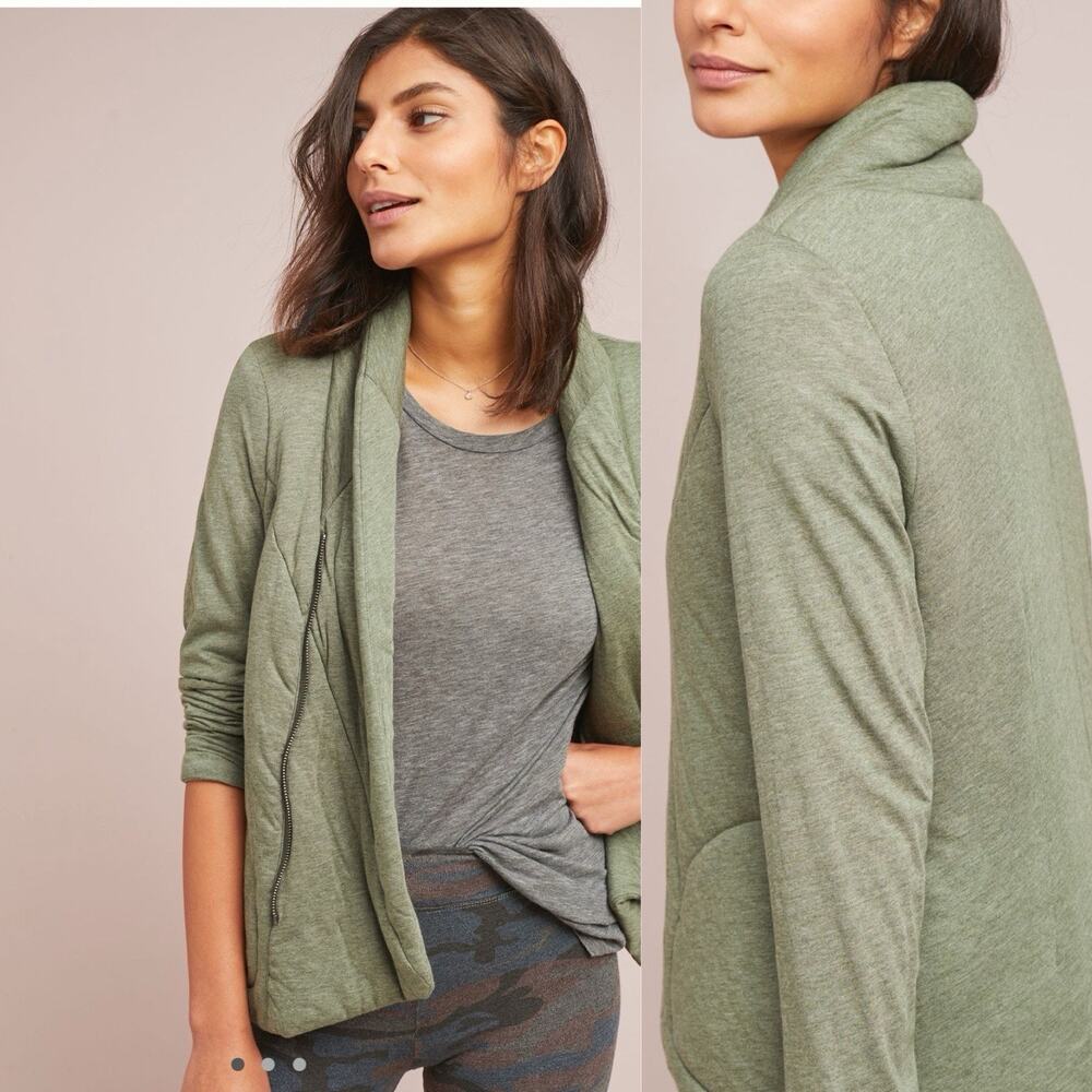 Saturday Sunday Green Quilted Shawl Collar Cotton Modal Zip Jacket L